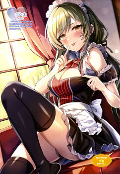 1girl :p absurdres apron armpit_crease artist_name black_dress black_thighhighs blush bow bowtie breasts brown_eyes cleavage clothes_pull couch curtains dengeki_moeoh detached_sleeves dress dress_pull feet_out_of_frame finger_to_mouth frilled_apron frilled_dress frills grey_hair hair_ribbon heart heart-shaped_pupils highres indoors knee_up large_breasts light_smile long_hair looking_at_viewer low_ponytail magazine_scan maid maid_apron maid_headdress on_couch original ponytail popon_ta puffy_detached_sleeves puffy_short_sleeves puffy_sleeves pulling_own_clothes red_bow red_bowtie ribbon scan shiny_skin short_sleeves sidelocks sitting solo sunlight swept_bangs symbol-shaped_pupils thighhighs third-party_source tongue tongue_out translation_request waist_apron white_apron window