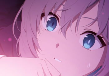 1girl artist_request blue_archive blue_eyes blue_jacket blue_scarf bright_pupils clenched_hand close-up constricted_pupils game_cg grey_hair hair_between_eyes hair_intakes hand_on_own_cheek hand_on_own_face highres jacket looking_up medium_hair multicolored_eyes non-web_source official_art open_mouth scarf shiroko_(blue_archive) shirt sleeves_past_wrists spoilers sweat teeth two-tone_eyes upper_teeth_only v-shaped_eyebrows white_shirt