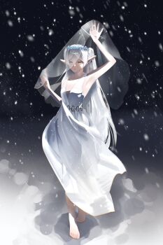 1girl absurdres armpits bare_arms barefoot blue_flower breasts bridal_veil dress elf flower forget-me-not_(flower) frieren full_body grey_hair head_wreath highres ikachyu long_dress long_hair looking_at_viewer parted_bangs parted_lips pointy_ears sleeveless sleeveless_dress small_breasts snow snowing solo sousou_no_frieren twintails veil white_dress