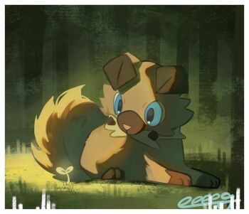 animal_focus artist_name blue_eyes dog e_eee_g gen_7_pokemon grass highres looking_down lying nintendo no_humans outdoors pokemon pokemon_(creature) pokemon_focus rockruff solo