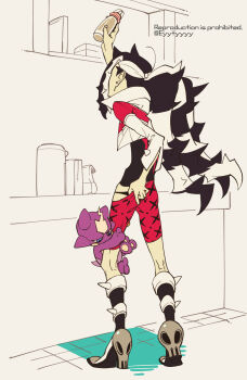 Rule 34 | 1boy, arm up, baby bottle, black male underwear, boots, bottle, facing away, gen 8 pokemon, highres, hugging another's leg, kokujin youhei, long hair, long sleeves, male focus, male underwear, monochrome background, nintendo, piers (pokemon), pokemon, pokemon swsh, ponytail, shorts, shorts tug, standing, toxel, underwear