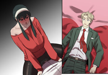 Rule 34 | 1girl, akai melon, alternate breast size (larger), black hair, blush, breasts, cleavage, commentary, dress, earrings, hairband, huge breasts, husband and wife, jewelry, long hair, open mouth, outdoors, sidelocks, spy x family, symbol-only commentary, twilight (spy x family), white hairband, yor briar