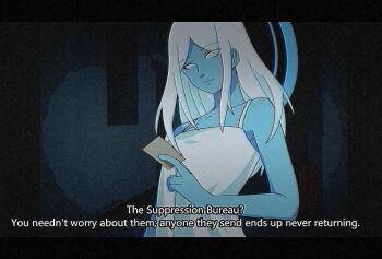 blue_halo blue_skin card colored_skin cultist_simulator dark_background dress english_text halo highres holding holding_card long_hair maid-in-the-mirror no_pupils sleeveless sleeveless_dress static thittholang white_dress white_hair