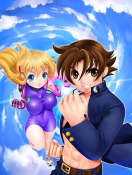 Rule 34 | 1boy, 1girl, abs, bandaid, bandaid on face, black jacket, black pants, blonde hair, blue eyes, blush, bodysuit, breasts, brown eyes, clenched hands, clenched teeth, cloud, commentary request, flipped hair, fuurinji miu, gakuran, gloves, hair ornament, hairclip, highres, jacket, large breasts, long hair, long sleeves, looking at viewer, matsuena shun, mole, mole under eye, official art, open clothes, pants, pink gloves, pink jacket, purple bodysuit, school uniform, shijou saikyou no deshi ken'ichi, shirahama ken'ichi, shoes, short hair, skin tight, sky, smile, standing, taut bodysuit, teeth, thighs, unitard, v-shaped eyebrows