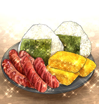 commentary_request food food_focus highres kurumiri_ryo meat no_humans nori_(seaweed) omelet onigiri original plate rice sausage sparkle table tamagoyaki wooden_table