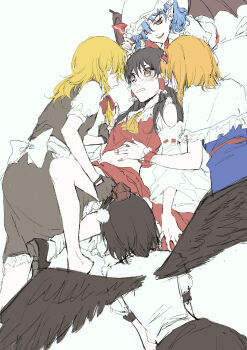 5girls absurdres aihara-rina alice_margatroid ascot back_bow bat_wings bird_wings black_gloves black_shoes black_skirt black_vest black_wings blonde_hair blue_dress blue_hair blush bow brown_eyes brown_hair capelet chinese_commentary clothes_lift commentary_request detached_sleeves dress feathered_wings frilled_bow frilled_hair_tubes frills gloves hair_bow hair_tubes hairband hakurei_reimu harem hat hat_ribbon highres kirisame_marisa lifting_another's_clothes lolita_hairband long_hair midriff_peek mob_cap multiple_girls navel no_headwear open_mouth pom_pom_(clothes) red_bow red_eyes red_hairband red_hat red_skirt remilia_scarlet ribbon ribbon-trimmed_sleeves ribbon_trim shameimaru_aya shirt shirt_lift shoes skirt skirt_set smile socks tokin_hat touhou vest white_bow white_capelet white_hat white_shirt white_socks wings yellow_ascot yuri