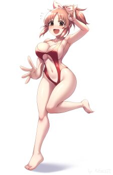 1girl \m/ abe_nana absurdres bare_shoulders blush breasts brown_eyes brown_hair casual_one-piece_swimsuit cleavage clothing_cutout commission full_body highleg highleg_one-piece_swimsuit highres idolmaster idolmaster_cinderella_girls large_breasts looking_at_viewer one-piece_swimsuit open_mouth pataneet pixiv_commission ponytail red_one-piece_swimsuit revealing_clothes short_hair simple_background solo standing standing_on_one_leg stomach_cutout swimsuit white_background