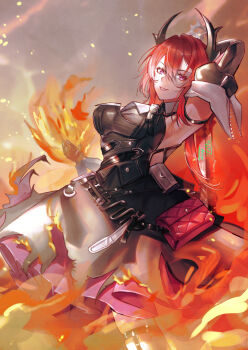 Rule 34 | 1girl, arknights, arknights: endfield, arm behind back, arm up, artist name, bag, black dress, black gloves, black horns, breasts, colored petticoat, commentary, demon girl, demon horns, detached sleeves, dress, fire, gloves, handbag, horns, juvylatte, laevatain (arknights), long hair, looking at viewer, medium breasts, petticoat, purple eyes, red bag, red hair, sideless dress, signature, sleeveless, sleeveless dress, smile, solo, surtr (arknights), thigh strap