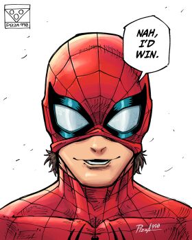 Rule 34 | 1boy, absurdres, animal print, artist name, brown hair, english text, highres, jujutsu kaisen, looking at viewer, marvel, mask, meme, nah i'd win (meme), pizza990, smirk, solo, speech bubble, spider-man, spider-man (series), spider print, spider web print, straight-on, superhero costume
