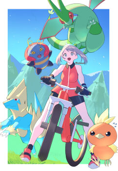 1girl bandana bicycle bike_shorts blue_eyes breasts brown_hair day flygon flying gen_3_pokemon green_bandana haska_(user_gure4787) highres jacket manectric may_(pokemon) mountainous_horizon nintendo open_mouth outdoors pokemon pokemon_(creature) pokemon_emerald pokemon_rse red_jacket riding riding_bicycle torchic volbeat