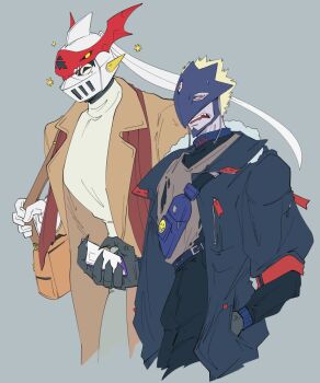 Rule 34 | 2boys, beelzebumon, belt, blonde hair, demon, demon boy, digimon, digimon (creature), dukemon, eye mask, fur-trimmed jacket, fur trim, gloves, jacket, karina farek, long sleeves, male focus, mask, multiple boys, open mouth, pants, red eyes, shirt, short hair, simple background, teeth, third eye