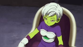 1girl animated animated_gif breasts cheelai colored_skin dragon_ball dragon_ball_super dragon_ball_super_broly green_skin purple_eyes smile white_hair