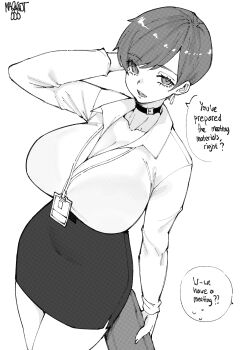 absurdres artist_name belt_collar black_choker bra_visible_through_clothes breasts choker cleavage collar collarbone collared_shirt commentary earrings english_commentary formal_clothes highres huge_breasts id_card jewelry long_sleeves looking_at_viewer monochrome norman_maggot office_lady olive_laurentia original pencil_skirt pixie_cut shirt shirt_tucked_in simple_background skirt speech_bubble white_background white_shirt