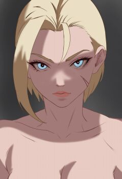 1girl bad_id bad_twitter_id blonde_hair blue_eyes cammy_white closed_mouth eyelashes grey_background hair_behind_ear hair_between_eyes highres nude pink_lips scar scar_on_face short_hair simple_background solo street_fighter ten268