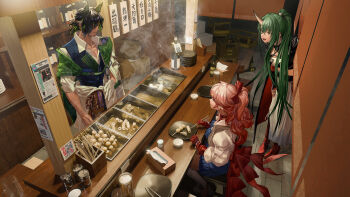 1boy 2girls absurdres alcohol an_yb animal_ears apron arknights asymmetrical_sidelocks back_bow beer beer_bottle beer_crate beer_mug belt black_belt black_coat black_hair blue_dress blue_vest boots bow bowl bracelet breasts chair chest_sarashi chikuwa chinese_text choppy_bangs chopsticks coat collarbone collared_shirt crate crossed_bangs cup dress drinking_glass earrings eating feather_earrings feathers fish_cake food frilled_dress frills from_above from_side gloves green_hair grey_horns hachimaki hair_around_horn hair_bow hair_intakes hair_over_one_eye hakama half_updo halterneck haruka_(arknights) headband high_ponytail highres holding holding_chopsticks horns hoshiguma_(arknights) hoshiguma_the_breacher_(arknights) indoors izakaya jacket japanese_clothes jewelry knee_boots konnyaku_(food) leaning_forward long_bangs long_hair long_sidelocks long_sleeves looking_at_another matsukiri_(arknights) meatball medium_breasts mug multicolored_hair multiple_girls multiple_rings neck_ribbon nejiri_hachimaki newspaper noren oden on_chair oni open_clothes open_coat open_jacket open_mouth partially_translated pearl_bracelet pearl_earrings pectoral_cleavage pectorals pink_hair plate pleated_dress pleated_pants ponytail red_boots red_bow red_coat red_gloves red_ribbon restaurant ribbon ring salt_shaker sarashi shirt short_hair short_sleeves sidelocks single_glove single_horn sitting skin-covered_horns smile standing steam sword tile_floor tiles tissue tissue_box translation_request two-sided_coat two-sided_fabric two-tone_hair very_long_hair vest waist_apron waistcoat weapon white_apron white_boots white_gloves white_hakama white_jacket white_shirt wing_collar wolf_boy wolf_ears