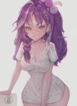 1girl absurdres braid breasts cleavage earrings eye_print fang grey_hair hair_over_shoulder highres jared_(michi_mochievee) jewelry long_hair looking_at_viewer medium_breasts michi_mochievee michi_mochievee_(1st_costume) multicolored_hair purple_hair shirt single_braid skin_fang solo stitched_face stitches streaked_hair taku_artworks virtual_youtuber vshojo white_shirt yellow_eyes