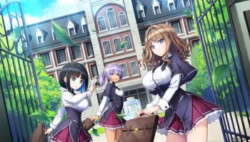 3girls black_hair blue_hair bob_cut breasts brown_hair closed_mouth colored_inner_hair crosshair_pupils dark-skinned_female dark_skin dolphin_wave eines_(dolphin_wave) fountain game_cg green_eyes high_school_dxd highres kuoh_academy_school_uniform large_breasts long_hair looking_at_viewer medium_breasts multicolored_hair multiple_girls non-web_source official_art ootomo_takuji open_mouth outdoors pleated_skirt purple_eyes school_uniform short_hair skirt smile souma_hayate suitcase suminoe_shion wig
