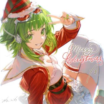 Rule 34 | 1girl, breasts, cleavage, commentary, commentary request, dated, english commentary, eyewear on head, green eyes, green hair, green nails, grin, gumi, hat, joyyyhan0823, looking at viewer, medium breasts, merry christmas, nail polish, red-tinted eyewear, santa costume, santa hat, sidelocks, simple background, smile, solo, sunglasses, thigh strap, thighhighs, tinted eyewear, v, vocaloid, white background, white thighhighs