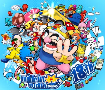 18-volt 3girls 5-volt 6+boys alien alien_bunny_(warioware) ana_(warioware) blue_eyes blue_shirt cat dog double_bun dr._crygor dribble_(warioware) facial_hair fronk goggles goggles_on_headwear hair_bun helmet highres holding holding_sword holding_weapon hoshi_(star-name2000) jacket jimmy_t kat_(warioware) long_hair looking_at_viewer mona_(warioware) motor_vehicle multiple_boys multiple_girls mustache nintendo one_eye_closed open_clothes open_jacket open_mouth orange_hair orbulon pants pink_hair pink_pants pyoro_(warioware) red_jacket scooter shirt spitz sunglasses sword taxi wario warioware weapon