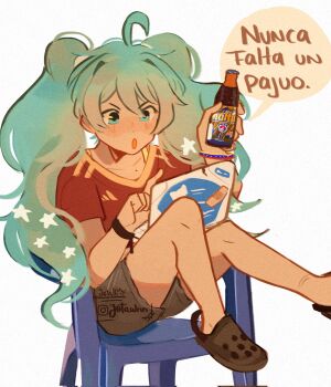 :o ahoge alternate_costume aqua_eyes aqua_hair artist_name bandaid bandaid_on_object black_shorts bottle chair commentary computer crocs glass_bottle hatsune_miku highres holding holding_bottle jotawnn laptop long_hair mole monobloc_(chair) on_chair red_shirt shirt shorts sitting spanish_commentary spanish_text star_(symbol) twintails typing venezuela vocaloid worldwide_miku wristband