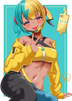 1girl absurdres aqua_background arm_support bandeau belt black_belt blue_eyes breasts canari_(pokemon) commentary_request eyelashes gen_4_pokemon half-closed_eyes hand_up highres inward_v jacket kureto0130 long_sleeves multicolored_hair nail_polish navel nintendo off_shoulder open_clothes open_jacket pants pokemon pokemon_legends:_z-a rotom rotom_phone short_twintails signature sitting sleeves_past_wrists teeth tongue tongue_out twintails upper_teeth_only v yellow_bandeau yellow_jacket yellow_nails zipper zipper_pull_tab