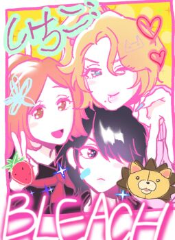 1ch16me 2025 3girls black_hair bleach bleach:_sennen_kessen-hen brown_eyes closed_mouth copyright_name food fruit gyaru hair_ornament hairclip inoue_orihime japanese_text kon_(bleach) kuchiki_rukia looking_at_viewer matsumoto_rangiku medium_hair mole mole_under_mouth multiple_girls official_alternate_costume one_eye_closed open_mouth orange_hair peace_symbol school_uniform side_ponytail snowflake_hair_ornament strawberry strawberry_blonde wink