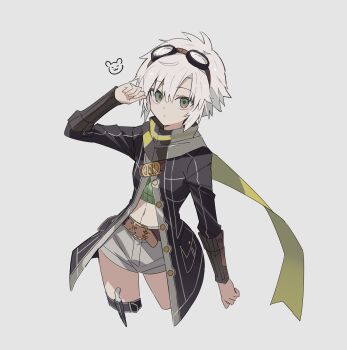 Rule 34 | 1girl, coat, crop top, denim, denim shorts, eiyuu densetsu, fie claussell, floating scarf, george man, goggles, goggles on head, green eyes, grey background, hair between eyes, highres, holster, knife, long sleeves, looking at viewer, midriff, navel, open clothes, open coat, parted bangs, scarf, sen no kiseki, sen no kiseki (series), sen no kiseki ii, short hair, shorts, sideburns, solo, thigh holster, upper body, white hair