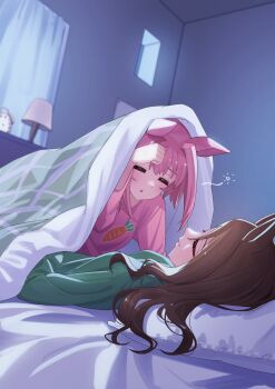 Rule 34 | 2girls, absurdres, alarm clock, animal ears, bed, bed sheet, blanket, blush, brown hair, carrot print, clock, closed eyes, commentary request, curtains, food print, freely2327, green shirt, hair between eyes, hair intakes, haru urara (umamusume), highres, horse ears, horse girl, indoors, king halo (umamusume), long hair, lying, multiple girls, night, on back, on bed, pajamas, pillow, pink hair, pink shirt, shirt, sidelocks, sleeping, squeans, triangle mouth, umamusume, under covers