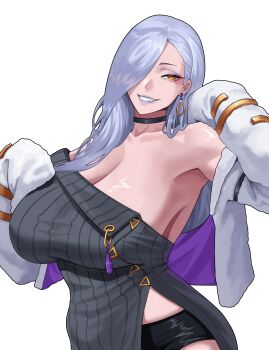 1girl absurdres arapanchi black_choker breasts choker cleavage earrings fang fate/grand_order fate_(series) grey_hair grin hair_over_one_eye hands_up highres huge_breasts jewelry mrs._snake_(fate) single_earring smile solo strapless tube_top upper_body white_background yellow_eyes