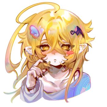 1girl ahoge black_nails blonde_hair blush_stickers closed_mouth cloud_(lufaeris) collarbone cropped_shoulders crossed_bangs ear_piercing face_piercing fingernails grey_shirt hair_between_eyes hair_ornament hand_up labret_piercing long_hair looking_at_viewer messy_hair nail_polish original piercing pointy_ears shirt simple_background single_blush_sticker solo straight-on white_background wing_hair_ornament yellow_eyes