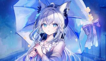 1girl ahoge alternate_costume animal_ear_fluff animal_ear_piercing animal_ears blue_eyes blue_hat bow bowtie braid commentary_request copyright_notice fox_ears fox_girl hair_between_eyes hat highres holding holding_umbrella hololive looking_at_viewer official_art parted_lips pipi_(pipinavigation) shirakami_fubuki shirakami_fubuki_(street) solo umbrella virtual_youtuber white_bow white_bowtie white_hair