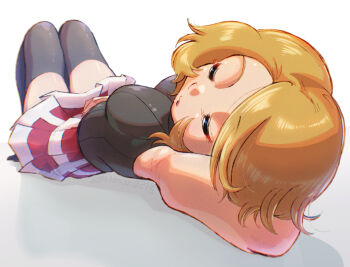 1girl black_sweater black_thighhighs blonde_hair breasts closed_eyes commentary_request foreshortening h_renah knees_up lying medium_breasts miniskirt nintendo on_back parted_lips pleated_skirt pokemon pokemon_(anime) serena_(pokemon) short_hair simple_background skirt sleeping sleeveless sleeveless_sweater sweater thighhighs two-tone_skirt white_background