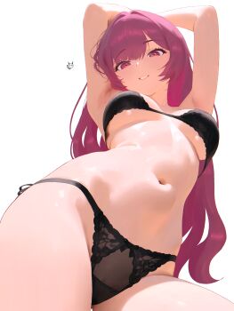 Rule 34 | 1girl, absurdres, armpits, arms up, bare arms, black bra, black panties, bra, breasts, commission, from below, grin, hair intakes, highres, long hair, medium breasts, navel, original, panties, pixiv commission, rcade, red eyes, red hair, simple background, smile, solo, underboob, underwear, underwear only, white background