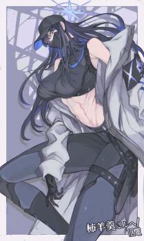 10den 1girl abs absurdres bare_shoulders baseball_cap belt black_belt black_gloves black_hair blue_archive blue_eyes blue_halo breasts commentary_request crop_top gloves grey_jacket halo hat highres jacket large_breasts long_hair long_sleeves looking_at_viewer mask midriff mouth_mask multicolored_hair navel puffy_sleeves saori_(blue_archive) simple_background strap tall_female