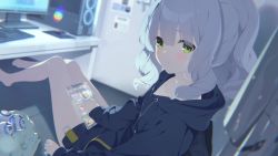 1girl animated barefoot blue_archive blush breasts chair computer computer_keyboard computer_mouse drawstring feet feet_on_chair game_cg green_eyes grey_hair hair_ornament hairpin halo hare_(blue_archive) highres hood hoodie indoors knees_together_feet_apart legs live2d looking_at_viewer looking_back millennium_science_school_logo monitor official_art ponytail sitting small_breasts sweater tablet tagme thighs video