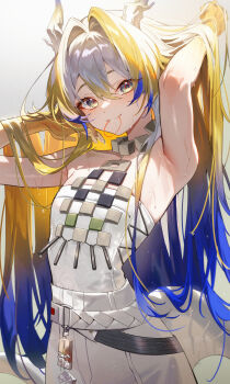 1girl absurdres arknights armpit_crease armpits beads blonde_hair blue_hair colored_extremities commentary_request dragon_girl dragon_horns dragon_tail eastern_dragon_horns eastern_dragon_tail eyeliner flat_chest hair_tie hair_tie_in_mouth hands_in_own_hair highres horns korean_commentary long_hair looking_at_viewer makeup mouth_hold multicolored_hair nabezuru orange_eyeliner orange_pupils shirt shu_(arknights) simple_background smile solo strapless strapless_shirt sweat tail tassel tube_top very_long_hair white_background white_hair white_tube_top yellow_hands