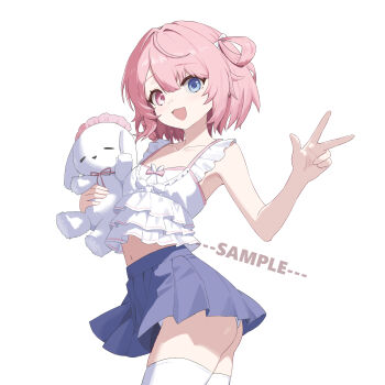 1girl :d absurdres bare_arms blue_eyes blue_skirt camisole chinese_commentary collarbone commentary_request cowboy_shot frilled_camisole frills hair_between_eyes heterochromia highres holding holding_stuffed_toy looking_at_viewer medium_hair miniskirt navel open_mouth original panties pink_eyes pink_hair sample_watermark simple_background skirt sleeveless smile solo stuffed_animal stuffed_toy thighhighs thighs underwear v watermark white_background white_camisole white_panties white_thighhighs youtanhuayuan255 zettai_ryouiki