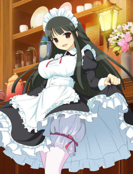 1girl :d alternate_costume apron black_dress black_hair bloomers blunt_bangs bottle breasts cafe cup curtsey dress english_text enmaided flower frilled_apron frills hime_cut jar lantern large_breasts long_hair looking_at_viewer maid maid_apron maid_headdress official_alternate_costume official_art open_mouth pink_flower plate puffy_sleeves red_eyes senran_kagura senran_kagura_new_wave shelf smile solo teacup teapot tsubaki_(senran_kagura) underwear waist_apron white_apron white_bloomers white_flower
