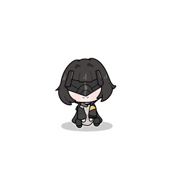 1girl arknights arknights:_endfield black_coat black_hair blush chibi closed_mouth coat diamond_(shape) endministrator_(arknights) eye_mask female_endministrator_(arknights) full_body grey_sweater highres hood hooded_coat long_sleeves mask mini_person minigirl nepnepping open_clothes shadow short_hair sitting smile solo sweater white_background