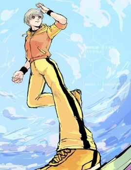 1girl androgynous arm_up blue_sky closed_mouth cloud commentary_request day drawstring eyelashes highres hood hood_down hoodie huang_pao-lin jacket long_sleeves natsuna_(ja727) orange_jacket outdoors pants short_hair sky sleeveless sleeveless_jacket smile solo standing standing_on_one_leg tiger_&amp;_bunny tomboy very_short_hair yellow_hoodie yellow_pants