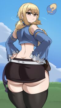 1girl absurdres ass backboob black_skirt black_thighhighs blonde_hair blue_jacket blue_sky blue_sleeves breasts brown_eyes captain_kirb closed_mouth confused cropped_jacket day detached_sleeves eyelashes fairy_tail feet_out_of_frame female_focus from_behind hands_on_own_hips highres huge_ass huge_breasts jacket looking_at_viewer looking_back low_twintails lucy_heartfilia medium_hair miniskirt outdoors short_twintails skirt sky sleeveless sleeveless_jacket solo thighhighs twintails whip