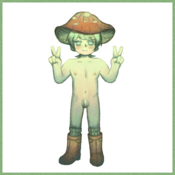 1boy blonde_hair blue_eyes boots censored commentary_request ezra_theodore fortunemagex light_blush male_focus mushroom mushroom_hat nipples nude penis ponytail red_boots reverse:1999 shota small_penis socks testicles trap v