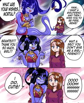 Rule 34 | 2girls, blush, brown hair, closed mouth, colored skin, commentary, corrupted twitter file, crossed arms, english commentary, english text, fang, fang out, fangs, genie, grs-, heart, heart in mouth, highres, long hair, multiple girls, open mouth, original, pointy ears, purple skin, sparkle, tongue, yuri