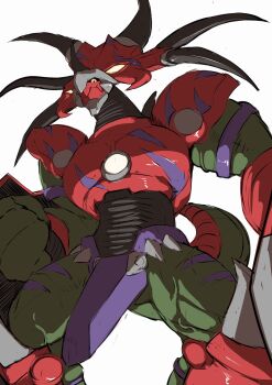 armor black_sclera colored_sclera colored_skin commentary_request digimon digimon_(creature) dragon feet_out_of_frame from_below green_skin green_tail helmet highres looking_at_viewer looking_down red_armor red_helmet ryo@ simple_background solo styracomon white_background yellow_eyes