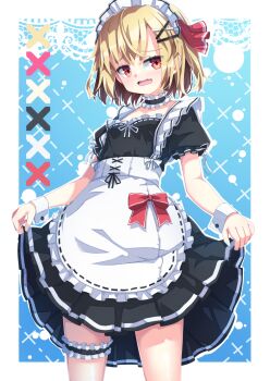 1girl alternate_costume apron black_shirt black_skirt blonde_hair blue_bag breasts cowboy_shot enmaided frilled_thigh_strap highres maid maid_apron maid_headdress raised_inner_eyebrows red_eyes rumia shirt short_hair short_sleeves skirt skirt_hold small_breasts solo thigh_strap touhou uumaru