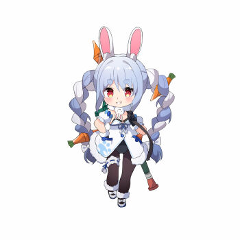 Rule 34 | 1girl, absurdres, ame., animal ear fluff, animal ears, black gloves, black leotard, blue hair, blush, bow, braid, breasts, brown pantyhose, carrot hair ornament, chibi, cleavage, commentary request, detached sleeves, don-chan (usada pekora), dress, food-themed hair ornament, full body, fur-trimmed dress, fur-trimmed gloves, fur trim, gloves, grin, hair bow, hair ornament, hand in pocket, hand on own hip, highres, hololive, leotard, long hair, medium breasts, multicolored hair, pantyhose, puffy short sleeves, puffy sleeves, rabbit-shaped pupils, rabbit ears, red eyes, rocket launcher, rpg, rpg-7, rpg (weapon), rust (game), shoes, short eyebrows, short sleeves, slingshot (weapon), smile, solo, strapless, strapless leotard, symbol-shaped pupils, thick eyebrows, twin braids, twintails, two-tone hair, usada pekora, usada pekora (1st costume), very long hair, virtual youtuber, weapon, white bow, white dress, white hair, white shoes, white sleeves