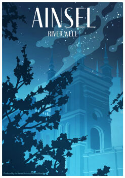architecture aylameridiandrawsstuff blue_theme border cloud elden_ring english_text gothic_architecture highres in-universe_location landscape no_humans outdoors poster_parody ruins sky tree white_border