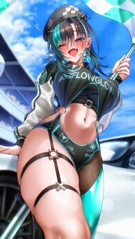 1girl 404_(pixiv_94263879) alternate_costume beret black_hair black_hat blush breasts car checkered_flag crop_top earrings fang flag green_hair hat holding holding_flag hololive hololive_dev_is jacket jewelry large_breasts leaning_on_vehicle motor_vehicle multicolored_hair navel o-ring o-ring_thigh_strap one_eye_closed open_clothes open_jacket open_mouth outdoors pantyhose pink_eyes purple_hair race_queen race_queen_two-piece rindo_chihaya short_hair single_leg_pantyhose skin_fang sky smile solo steering_wheel thick_thighs thigh_strap thighs virtual_youtuber wide_hips wink