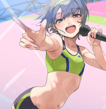 1girl armpits black_hair blush collarbone commentary_request fingernails flat_chest holding holding_microphone idolmaster idolmaster_cinderella_girls kawaty microphone music navel otokura_yuuki pointing short_hair singing smile solo sports_bra stage stomach sweat teeth upper_teeth_only