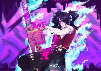 1girl absurdres ame-chan_(needy_girl_overdose) black_eyes black_hair black_lips blood blood_on_clothes blood_on_face blood_on_hands blood_splatter bloody_weapon blue_fire blurry blurry_background border bow burning chainsaw clenched_teeth fire hair_ornament hair_over_one_eye highres holding holding_chainsaw holding_weapon needy_girl_overdose pink_border short_twintails skirt solo suspender_skirt suspenders teeth tempusumbra twintails upper_body weapon winged_sleeves x_hair_ornament